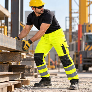 Pantalon de travail de sécurité réfléchissant imperméable en polyester jaune et noir, multi-poches, bandes, taille élastique, cargo pour hommes, ANSI Classe 1 - Product Image 6