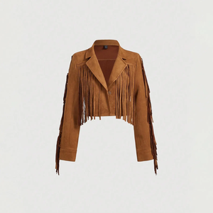 Women's Brown Fringed <b>Blazer</b> Turn-Down Collar Full Sleeve Short Length Autumn Wear - Product Image 1
