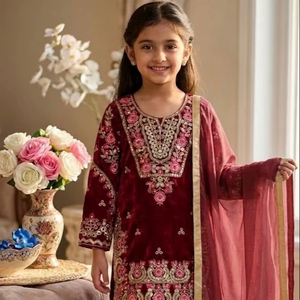 Ensemble de pantalon et haut en soie de qualité supérieure pour filles avec dupatta |   Tenue ethnique pour enfants avec broderie lourde et travail de sequins - Product Image 1
