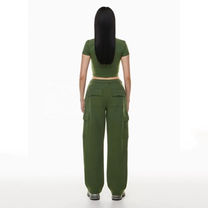 Pantalon cargo vert olive pour femme, taille mi-haute, coupe ample, longueur intégrale, en polaire, décontracté, automne, avec poches, taille élastique - Product Image 2