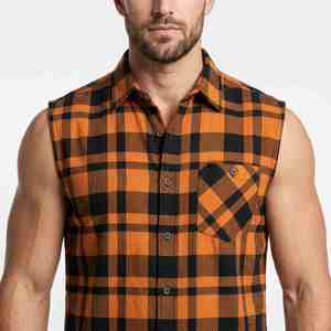 Camisa de Franela a Cuadros para Hombre, Corte Holgado, 100% Algodón, Ligera, Sin Mangas, Color Naranja y Negro, Cuello Camisero, Transpirable - Product Image 5