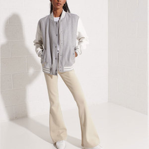 Women's Gray Varsity Jacket With <b>White</b> Sleeves Full Sleeve <b>Button</b> Up Collar Solid Color Woven Polyester Cotton Autumn Wear - Product Image 1