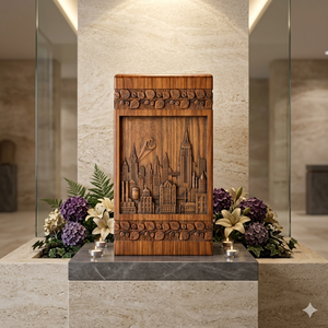Handcrafted Wooden Urn Carved Cityscape Design Natural Wood Finish Commemoration <b>Keepsake</b> <b>Box</b> Adult Funeral Supply - Product Image 2