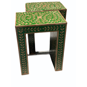 Taburete de lujo con incrustaciones florales verdes, mesa auxiliar en forma de U hecha a mano, muebles indios personalizados con incrustaciones para decoración de sala de estar - Product Image 1