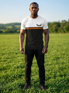 Camiseta de Manga Corta con Cuello Redondo para Hombre, con Estampado de Logotipo de Ala, Rayas Negras, Blancas y Naranjas, Corte Ajustado, Informal, Transpirable, de Punto - Product Image 5