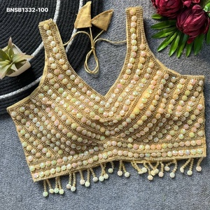 Fashionable Beautiful Silk with Moti-<b>Beads</b> Crystal-Handwork Sleeveless Padded Back-Hook Blouse Collection Wholesale Supply - Product Image 1