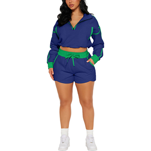 Women Plus Size Blue Green Contrast Tracksuit Set Casual Quarter-<b>Zip</b> Crop Top Shorts Loose Fit Summer Wear - Product Image 1