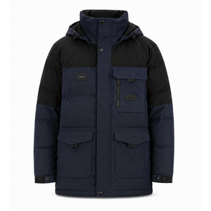 <b>Men's</b> Color Blocking <b>Puffer</b> Jacket With Hood Stand Collar Thick Winter <b>Coat</b> <b>Long</b> Loose Fit Windproof Polyester Outerwear - Product Image 2