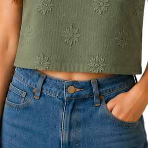 Olive Green Floral Embroidered Crop Tank <b>Top</b> <b>Women</b> Sleeveless Cotton Summer <b>Vest</b> Custom Logo Casual Fashion Streetwear Short <b>Top</b> - Product Image 6