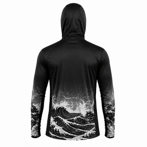 เสื้อเชิ้ตตกปลาผู้ชายสีดำมีฮู้ด แขนยาว พิมพ์ลายคลื่นด้วยเทคนิค Heat-Transfer น้ำหนัก 140 กรัม แห้งเร็ว UPF 50 ผลิตจากโพลีเอสเตอร์ สำหรับเล่นกีฬา - Product Image 2