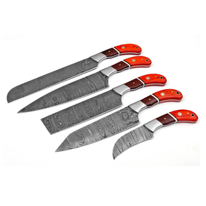 Ensemble de couteaux en acier Damas 5 pièces, couteaux de chef à manche intégral, manche en bois, couverts de cuisine professionnels, vente en gros OEM - Product Image 1