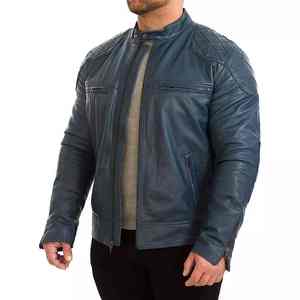 Veste en cuir bleue pour homme, épaisse, coupe-vent, style motard, pour l'hiver - Product Image 6