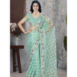 Sari droit de créateur pour fêtes, taille naturelle, imprimé floral, tissu organza avec broderie en fil métallique et point de chaînette - Product Image 4