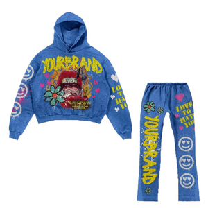 Conjunto de Sudadera con Capucha y Pantalones Acampanados de Talla Grande para Hombre, Estilo Urbano, Ropa Personalizada con Estampado de Serigrafía Intensa y Lavado Ácido - Product Image 1