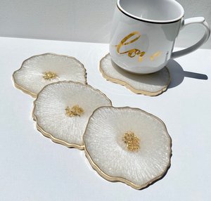 Custom Handmade Gold Foil Resin Coasters Set Round Sea & Floral Theme Heat Resistant Customizable for Gifts & Home Decor - Product Image 2