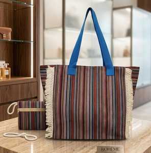Striped Jute Tote Bag Long Handle Zipper Cosmetic Bag Set Fringe Shopping Carry <b>Case</b> for Outdoor Use - Product Image 1