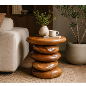 ARTERRA Luxury Artisan Handcrafted Teak Wood Side Table Premium Stacked <b>Pebble</b> Nightstand for Luxury Villa Interior - Product Image 4