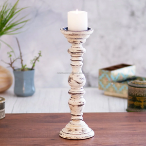 Atractivo, ecológico, diseñador moderno, marfil y marrón, soporte de vela de madera antigua, pilar de portavelas de madera con mango - Product Image 2