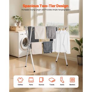 Stendibiancheria Telescopico a 2 Livelli in Acciaio Inox con 30 Fori Antivento e 2 Ganci per Scarpe, Stendino da Interno - Product Image 2