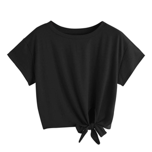 T-shirt décontracté d'été pour femme à manches courtes en coton tricoté et fibre de bambou, dos croisé, noué devant, tie-dye, coupe ample, couleur unie - Product Image 5