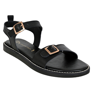 IR COLLECTION Sandales plates gladiateur en cuir noir de qualité supérieure pour femme, à double boucle, style coréen, légères et confortables, tendance - Product Image 6