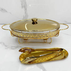 Luxury Round Stainless Steel Chafing Dish <b>Buffet</b> Food Warmer Gold Finish Ornate Pillar Stand Glass Lid Wedding Catering <b>Server</b> - Product Image 5