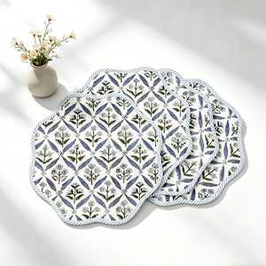 Blue Printed Check Floral Scalloped <b>Placemat</b> Bound Edge <b>Placemat</b> Elegant Tableware for <b>Dining</b> <b>Dining</b> <b>Table</b> <b>Placemat</b> Cottage - Product Image 2
