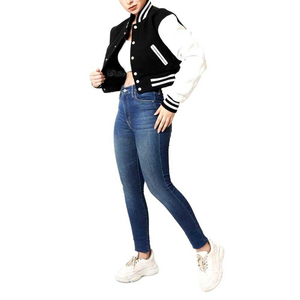 Women's Cropped Varsity <b>Jacket</b> Black <b>White</b> Stripe Button Front Casual Short Sleeve Solid Color Wool Outerwear Winter Stand - Product Image 3