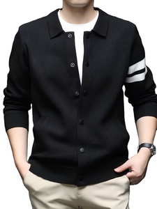 Cardigan d'hiver respirant pour homme, uni, à boutons, à manches longues, col à revers, en maille, avec logo frontal, polyester/coton - Product Image 5