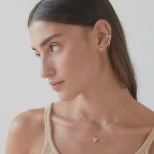 Pendientes tipo ear cuff con cadena, diseño frontal y trasero, joyería llamativa individual con bisel de diamante redondo cultivado en laboratorio, oro macizo de 14k - Product Image 6