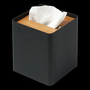 Modern Square <b>Tissue</b> Box Cover With Wood Top <b>Black</b> Metal Design Convenient For Home Office Use - Product Image 1