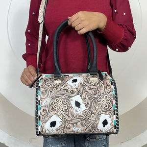 Western Genuine <b>Tooled</b> Leather Ace Of Spades with Dice Design Speedy Bag Floral <b>Engraved</b> Cowhide Duffel Bag Vintage Shoulder Bag - Product Image 4