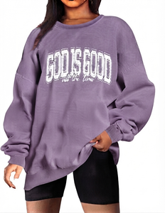 Sudadera Oversize de Cuello Redondo Azul Claro para Mujer con Estampado de Letras 'God Is Good', Hombros Caídos, Manga Larga y Cuello Simulado de Punto - Product Image 5