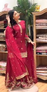 Maroon Embroidered Straight Cut <b>Kurta</b> Set With Palazzo And Dupatta <b>For</b> <b>Women</b> - Product Image 1