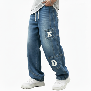 Pantalones vaqueros holgados personalizados para hombre con estampado de letras, estilo urbano, pierna recta, casuales, de verano, lavado medio - Product Image 4