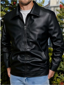 Men's Black Cow Skin <b>Leather</b> Bomber <b>Jacket</b> Stand Collar Zipper Closure Slim Fit Regular Sleeve Solid Color <b>Winter</b> Breathable - Product Image 4