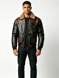 Premium Quality Men's Winter Leather Jacket <b>Fleece</b> Collar Zip Color Block Design Full Sleeve Windproof Outerwear 220g Front Logo - Product Image 3