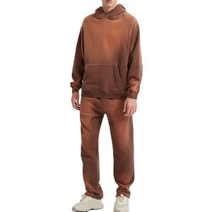 Conjunto de Sudadera con Capucha y Pantalones Deportivos Gris Claro, Estilo Vintage, Dos Piezas, Oversize, Ropa Deportiva Urbana para Hombre - Product Image 4