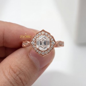 Anillo de compromiso con diamante de laboratorio hexagonal, halo, oro rosa, estilo vintage, joya personalizada, mayorista - Product Image 2