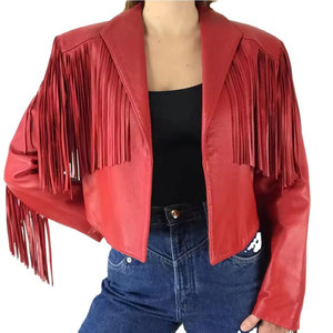 Econex Sports Red PU <b>Leather</b> Fringed Embroidered Varsity <b>Blazer</b> Women's Short Turn-down Collar Full Sleeve Breathable Casual - Product Image 4