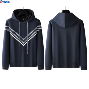แฟชั่นฤดูใบไม้ร่วงสุดฮิต ชุดเซ็ต 2 ชิ้น เสื้อฮู้ดผ้า Air-layer แต่งริบบิ้นตัดต่อ ประดับเพชรลายทาง สไตล์โดดเด่นสำหรับผู้ชาย - Product Image 1