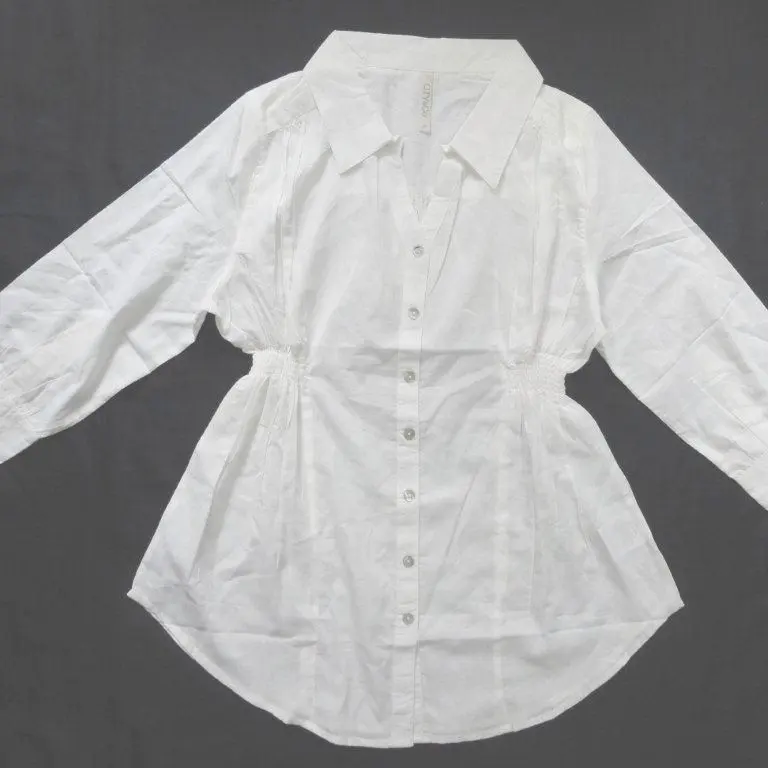 Ladies White Cotton Long Sleeve Blouse With Smocking At Waist Custom Sizes Bulk Shipping Manufacturer