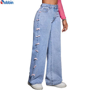 Pantalones Anchos de Mezclilla para Mujer, Talla Grande, Nuevo Diseño Estilo Mariposa, Transpirables, de Pierna Ancha, Cintura Alta, Rectos - Product Image 1