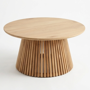 Table basse ronde en teck massif, artisanale et moderne, avec base à lattes, écologique, pour salon, fabricant en gros - Product Image 2