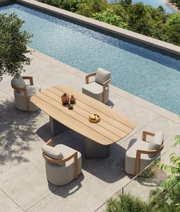 Ensemble de table à manger en teck moderne pour l'extérieur, meubles de salle à manger de luxe pour hôtel, resort, villa, jardin, bord de piscine, Indonésie - Product Image 1