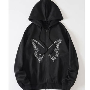 Sudadera con capucha y cremallera para mujer, con diseño de alas de mariposa y pedrería, 2026, negra brillante, oversize, estilo Y2K, ropa urbana, forro polar suave, prenda exterior informal HD - Product Image 1