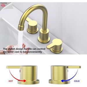 Rubinetto per lavabo bagno a 2 maniglie, 8 pollici, 3 fori, con beccuccio girevole a 360 gradi, finitura oro spazzolato, a montaggio ampio, con scarico a scomparsa - Product Image 4