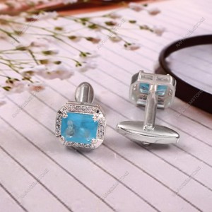 Boutons de manchette rectangulaires en verre bleu aqua pour homme, ton argenté, accessoires de chemise formelle, cadeau pour mariage, marié, affaires, fête, bijoux Rafay - Product Image 1