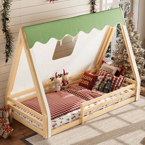 Letto a terra Montessori in legno massello per bambini, con tenda, luci e sponde di sicurezza a tutta lunghezza, design a casetta e tenda da campeggio - Product Image 1