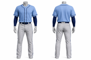 Ensemble de vêtements de sport pour joueurs professionnels, uniforme de baseball personnalisé pour hommes, maillot bleu clair, bordure marine, pantalon gris, ceinture marine - Product Image 1